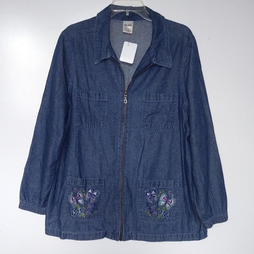 Womens Denim Shirt Embroidered Pocket Full zip